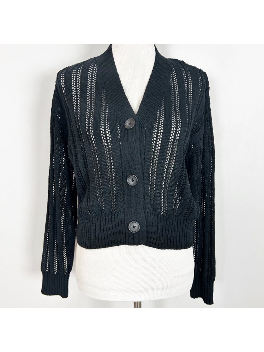 Women's Black Open Stitch Crochet Cardigan Sweater Button Front Size XS